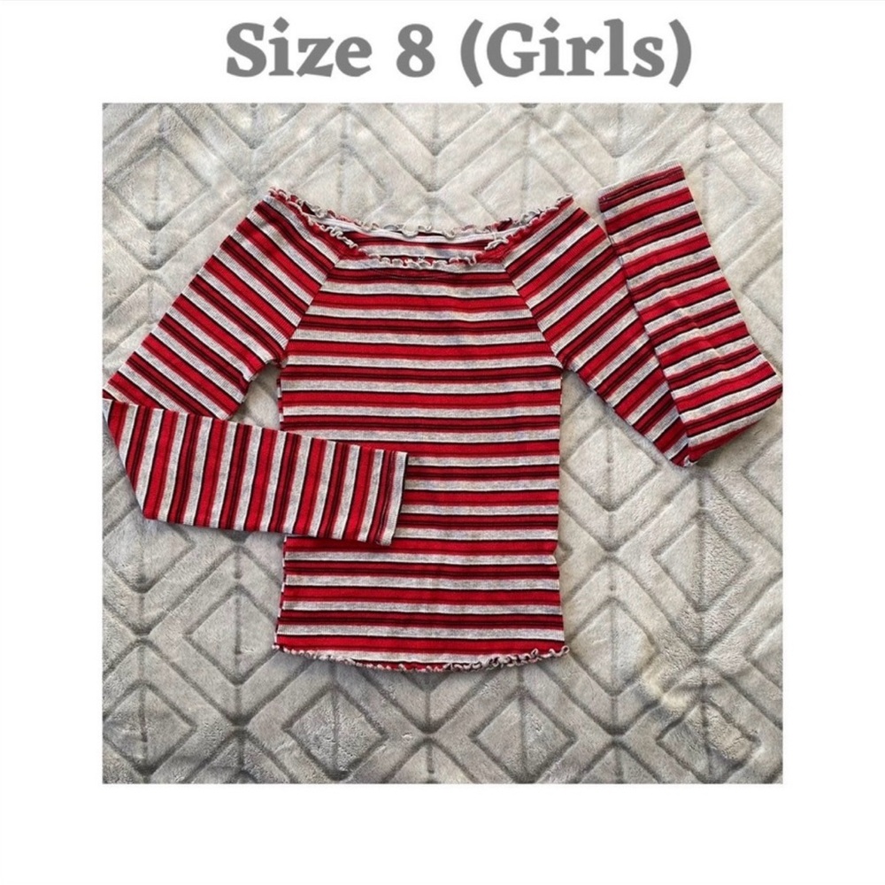 Justice Girls Red Striped Ruffle Knit Pullover Top Long Sleeve Size 8